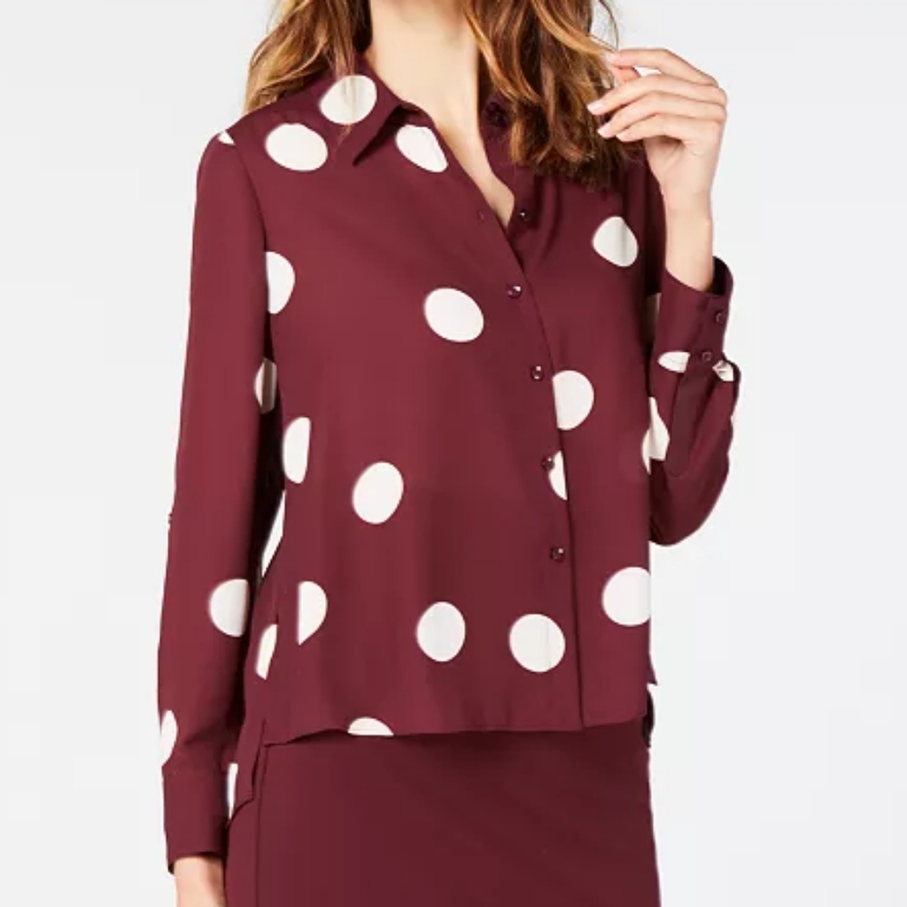 INC International Concepts Burgundy Button-Down Blouse with White Polka Dots